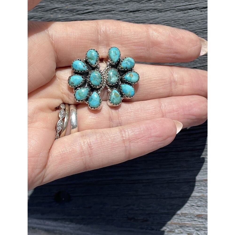Turquoise Cluster Earrings Sterling Silver Southwestern Native Style Statement - Picture 9 of 11
